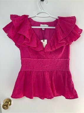 Ted Baker Women’s fuchsia Eyelet Ruffle Peplum Top Size 2 100% Cotton NWT